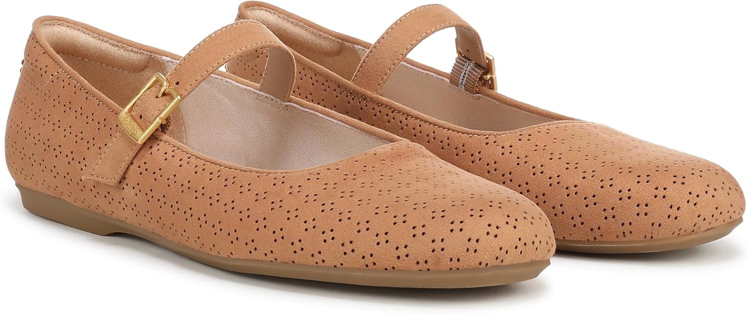image:imageDr Scholls Shoes Womens Wexley Jane Mary Jane Flats Comfortable FlatsCamelot Brown Microfiber Perforated