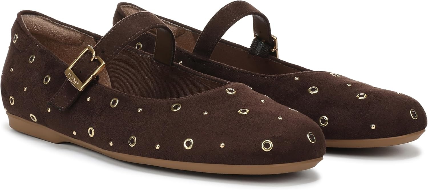 image:imageDr Scholls Shoes Womens Wexley Jane Mary Jane Flats Comfortable FlatsDark Umber Brown Stud Microsuede
